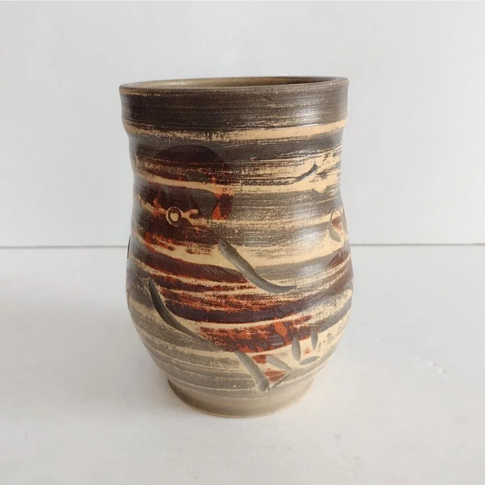 Vintage Signed Studio Art Pottery Vase Hand Painted Ram Goat? Abstract Art Brown
